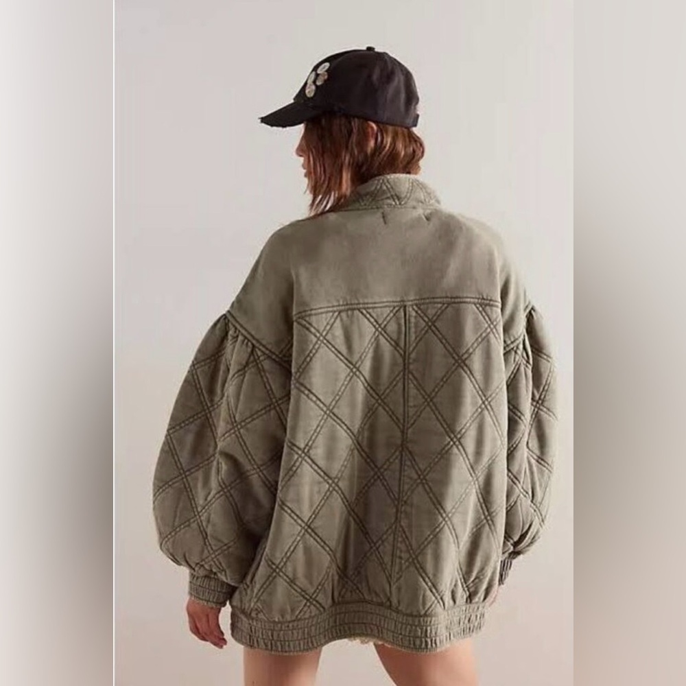 Free People Juno Quilted Oversized Jacket - Olive sz S - Picture 3 of 8